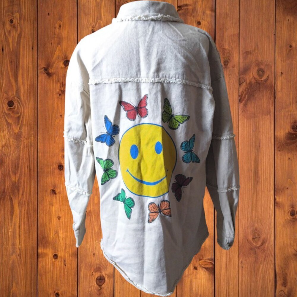 Blue B Collection Women's Small Beige Denim Jean Shirt Jacket Snap Butterfly - Picture 7 of 7